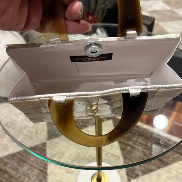 Chic Mother of Pearl Clutch with Brown Handle - Picture 3 of 5